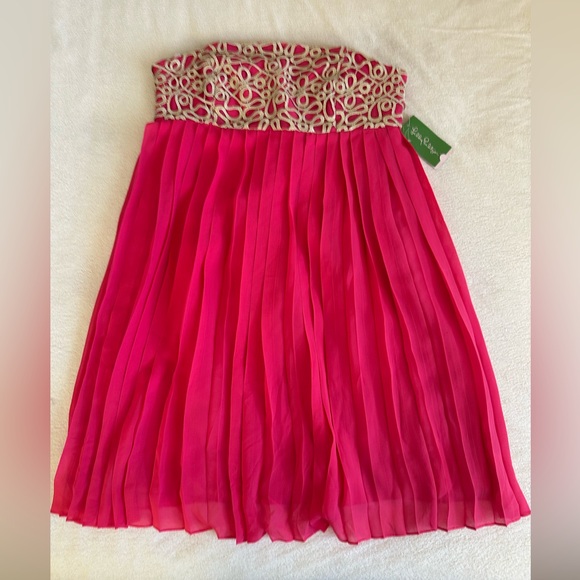 Lilly Pulitzer Jillie Pink Chiffon strapless Dress. Gold detail. Sz 8. NWT $328 - Picture 9 of 12